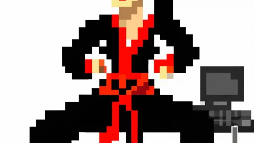 Dall·e 2023 11 01 11.39.20 Eine Programmiererin, Die Im Karateanzug Vor Einem Computer Sitzt. Sie Trägt Einen Roten Karate Gürtel Und Ein Rotes Kung Fu Stirnband. Pixel Art.