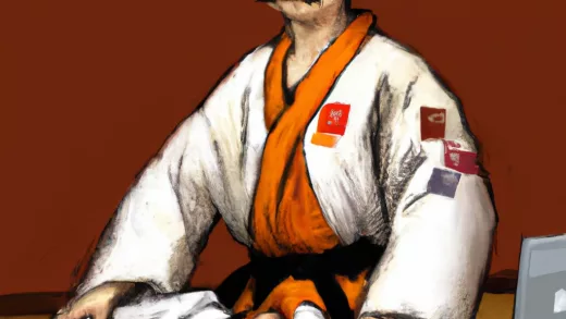 Dall·e 2023 11 06 12.50.31 Ein Programmierer Sitzt Vor Einem Pc Und Trägt Einen Karateanzug Mit Orangenem Gürtel. Das Bild Ist Von Gustav Klimmt Gemalt