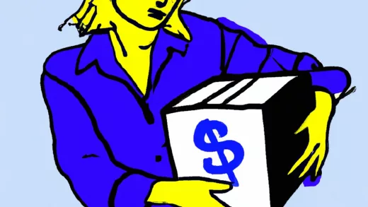 Dall·e 2023 12 02 18.52.12 Ein Paketbote Mit Einem Großen Paket In Der Hand Nimmt Geld Entgegen. Das Bild Wurde Von Andy Warhol Gemalt