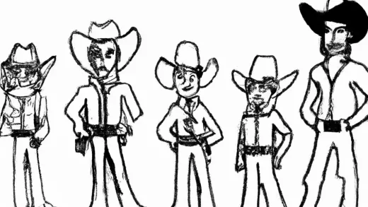 Dall·e 2023 12 06 06.05.10 Eine Comiczeichnung, In Der Verschieden Große Cowboys Der Größe Nach Sortiert Abgebildet Sind. Links Steht Der Kleinste, Rechts Der Größte