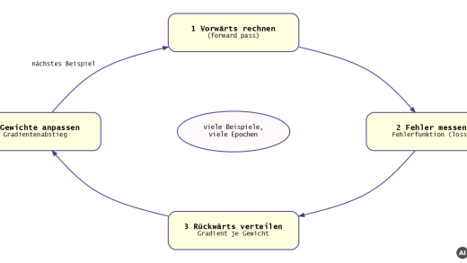 Kreislauf des Trainings mit Backpropagation: vorwärts rechnen, Fehler messen, rückwärts verteilen, Gewichte anpassen (mit KI erstellt)