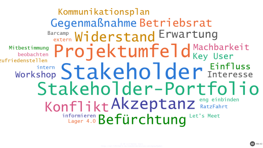 Wortwolke zu den Übungsaufgaben zu Stakeholdern, Projektumfeld und Akzeptanz (mit KI erstellt)