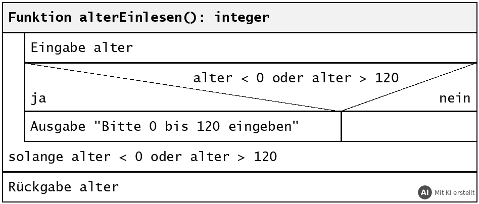 Struktogramm der Funktion alterEinlesen mit fußgesteuerter Schleife (mit KI erstellt)