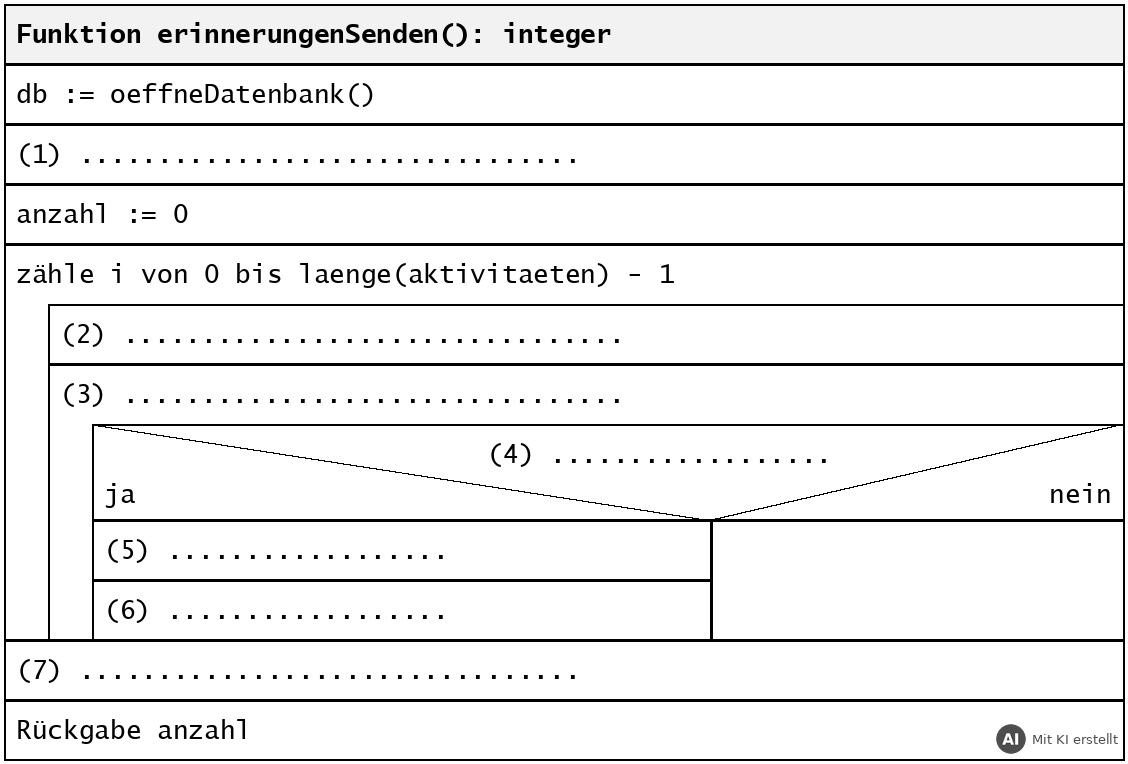 Struktogramm-Gerüst der Funktion erinnerungenSenden mit den Lücken (1) bis (7) (mit KI erstellt)