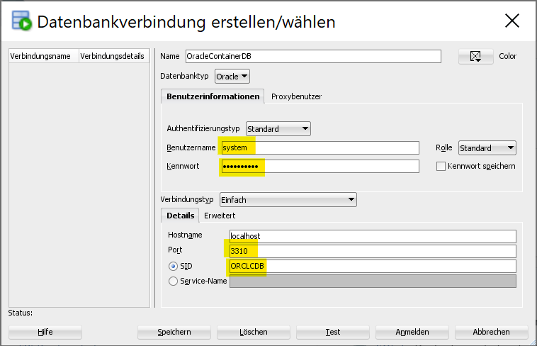 Verbindungsdaten eingeben - Achtung: bei “SID” muss in unserem Fall “FREE” stehen, nicht ORCL!!!