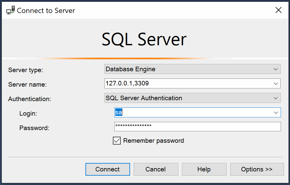 Login-Maske des MS-Managementstudios erwartet IP und Port durch Komma getrennt: 127.0.0.1,3309
