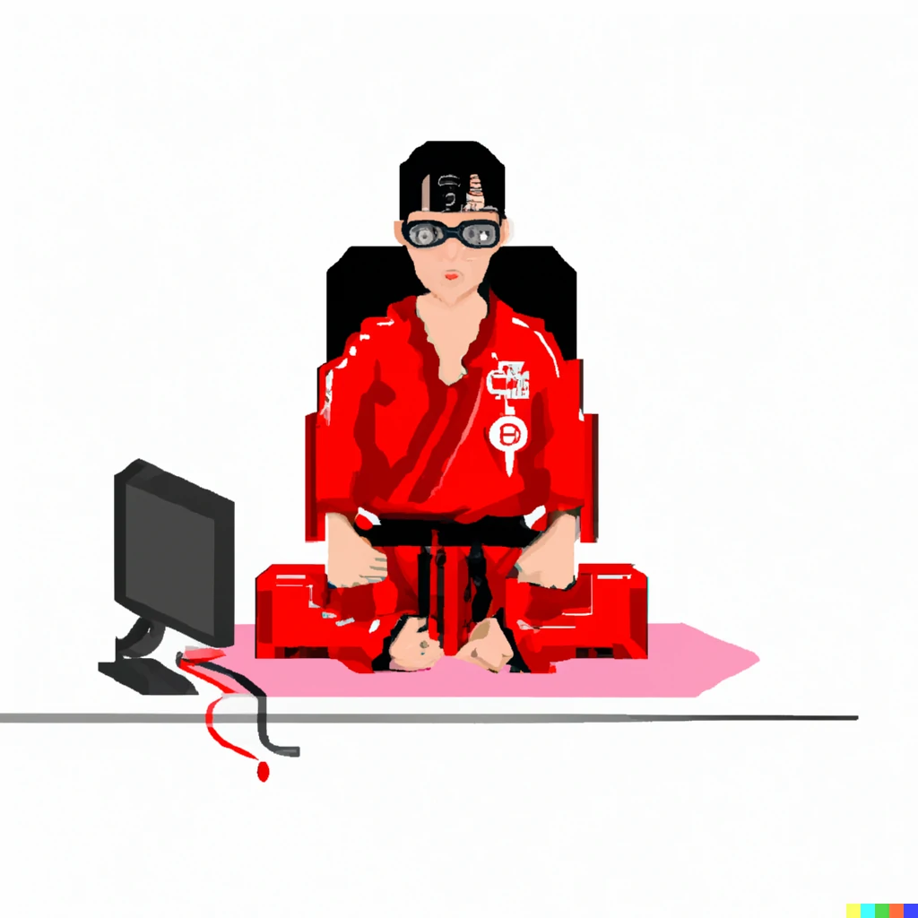 KI-generiertes Bild einer Programmiererin mit rotem Gürtel im Pixel-Art-Stil