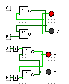 RS-Flipflop aus NAND und aus NOR mit Logisim aufgebaut (Layoutansicht, Raster nicht deaktiviert)