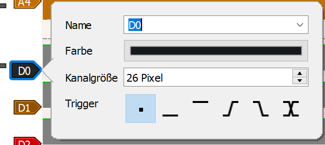 Doppelklick auf den Kanal öffnet die Kanaleigenschaften mit Name und Trigger