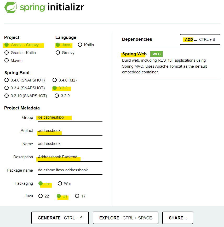 Der Spring Initializr als Webservice. Wenn keine Spring-IDE genutzt wird kann diese Konfiguration auch über diesen link geladen werden