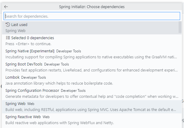 Dependencies : Spring Web auswählen