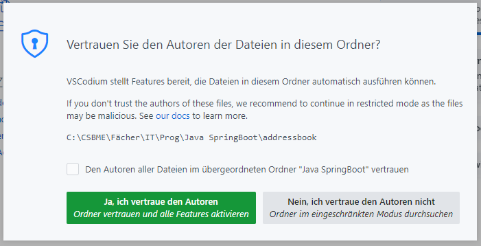 Nachfrage der IDE, ob man dem Autor vertraut