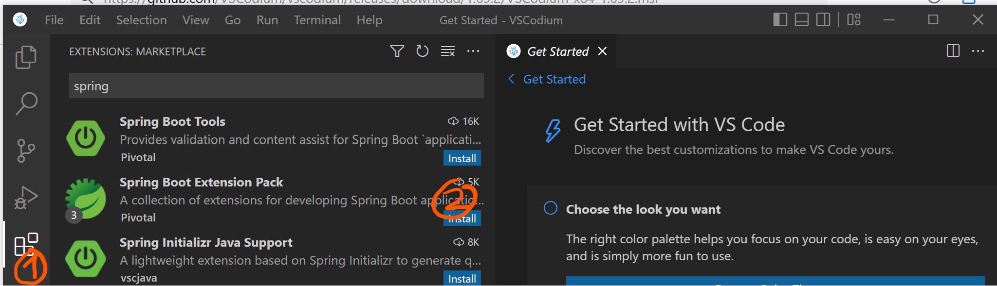 Unter “Extensions” SpringBoot Extension Pack wählen