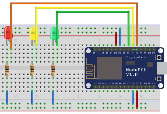 Aufbau einer Ampel mit dem NodeMCU und den Anschlüssen D6, D7 und D8