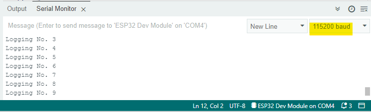 Beispielausgabe des seriellen Monitors von obigem Beispiel: “Logging No. 3…”