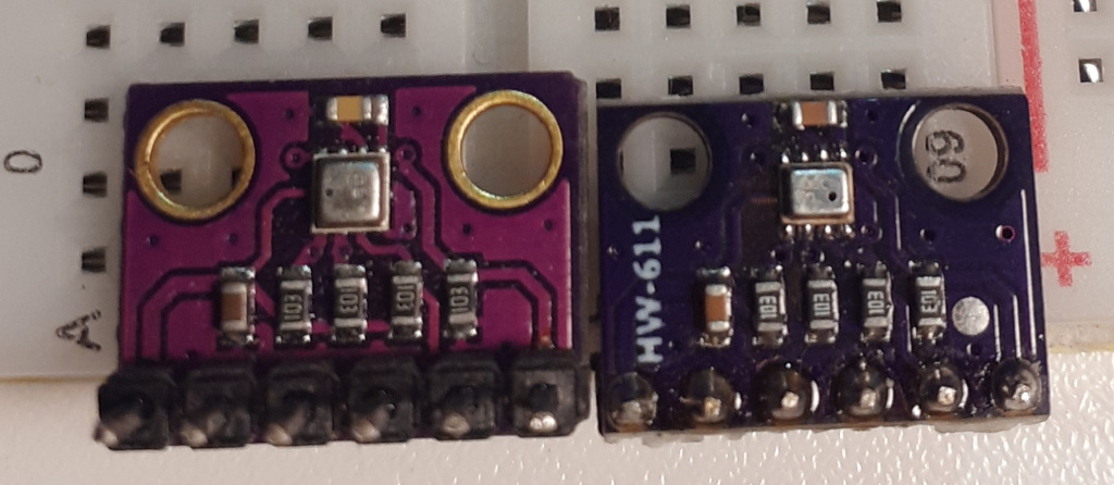 Temperatur- und Drucksensoren BME280 (links, kann auch Luftfeuchtigkeit) und BMP280 (rechts)