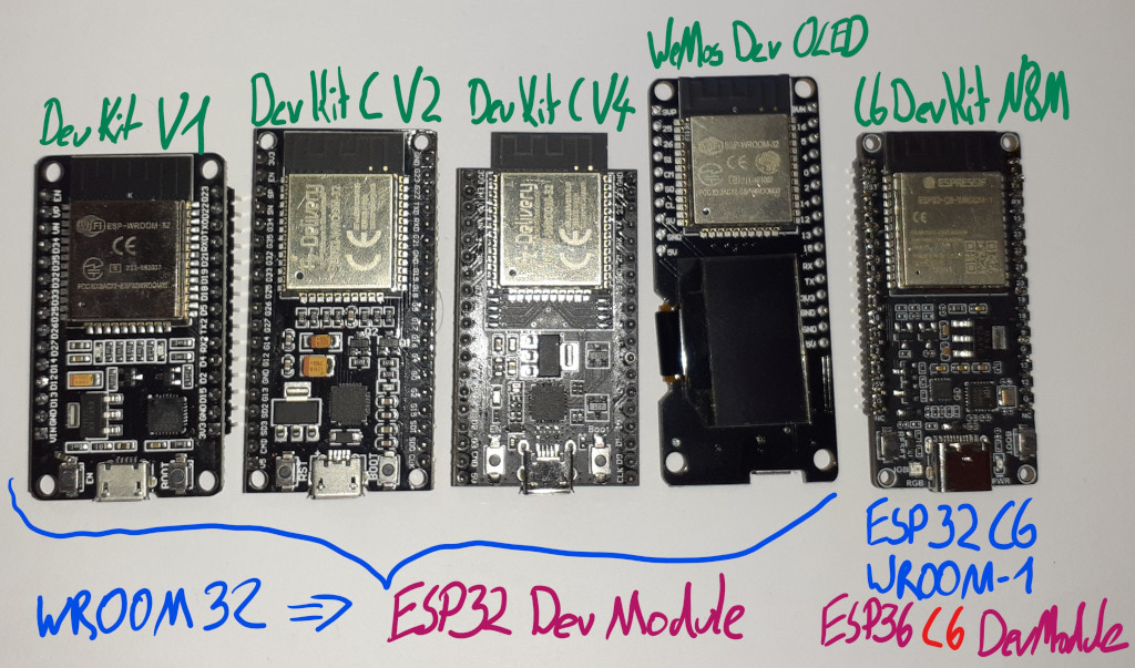 Eine Auswahl an ESP32-Boards, 4x WROOM32, 1x ESP32-C6