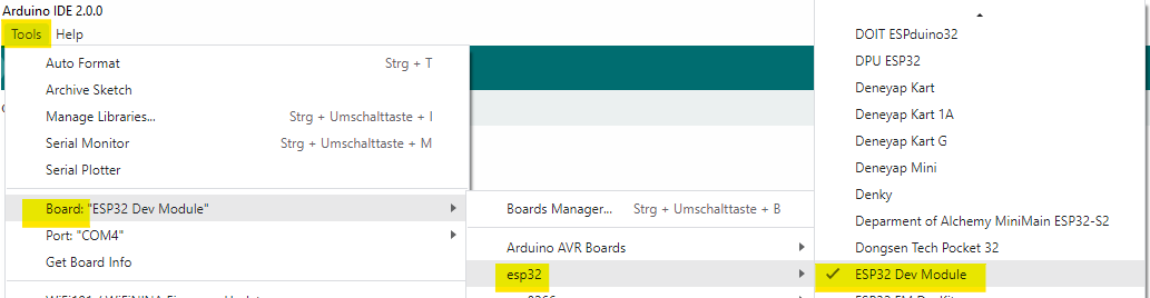 Das Board unter Tools/Board/esp32 wählen
