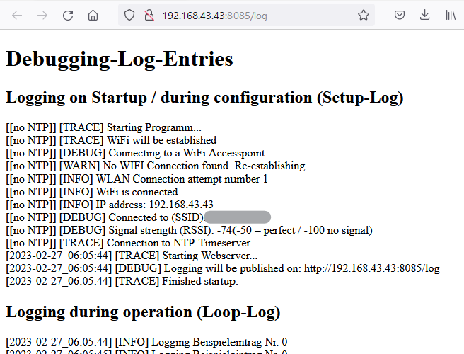 Log-Auszug in der Browseransicht, z.B. “2023-02-24_15:19:11 [INFO] Logging No. 1”