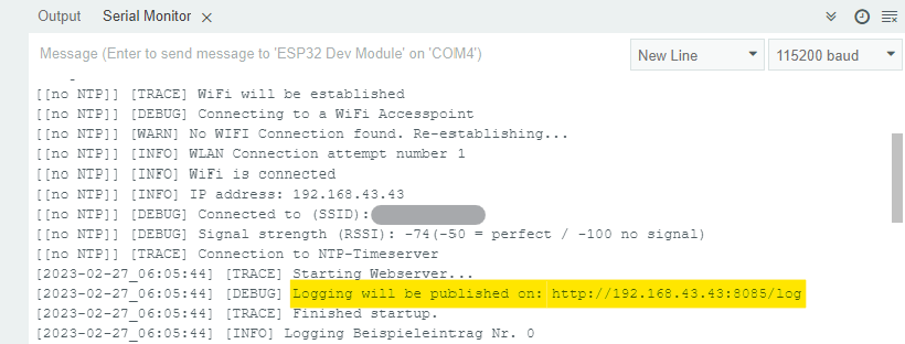 Log-Auszug aus dem seriellen Monitor, darin “IP address: 192.168.43.43”