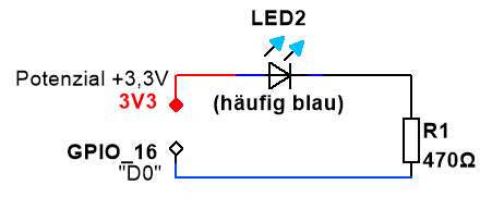 Die interne LED des nodeMCU-Boards ist über 470 Ohm an D0 verschaltet
