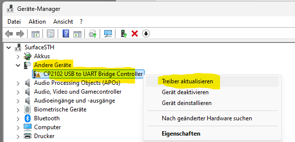 Im Geräte manager Gerät wählen und im Kontextmenü die Installation starten
