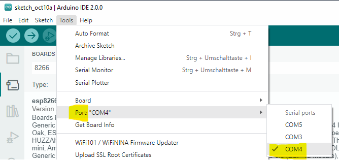 Auswahl des COM-Ports, der dem NodeMCU zugewiesen wurde über Tools/Port