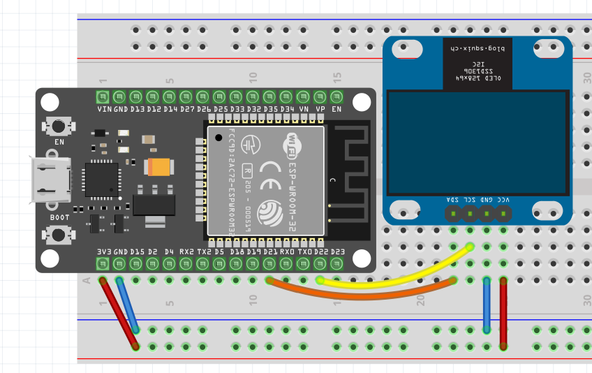 Beispiel der Verdrahtung des SSD1306 per I2C an einem ESP32 Dev V1 (erstellt mit Fritzing, weitere Quellen hier)