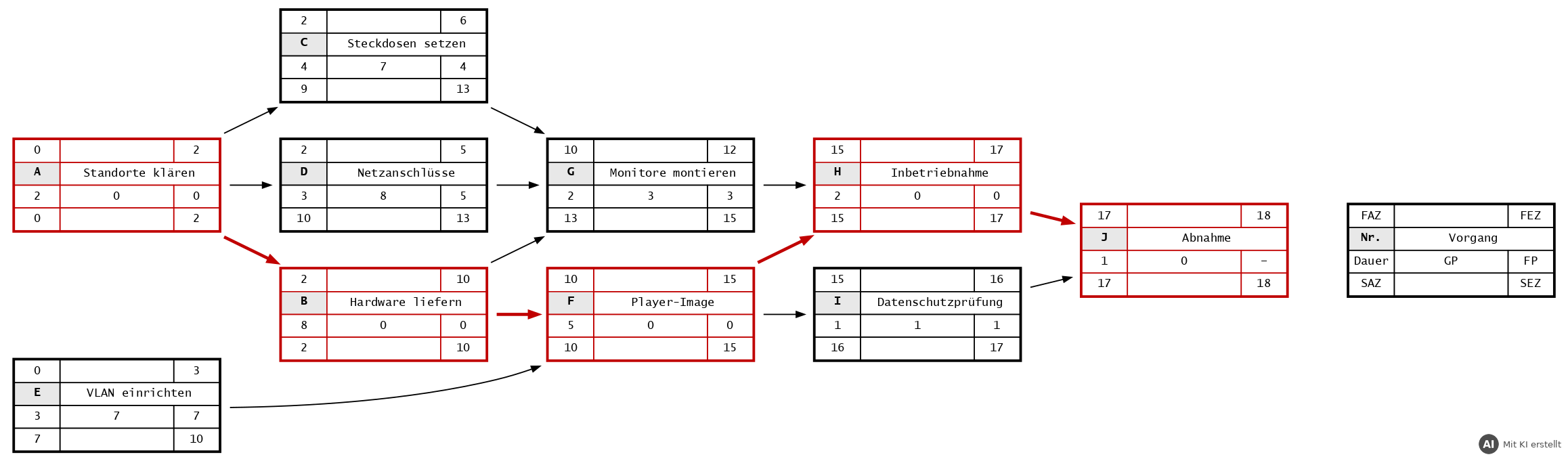 Lösung: Netzplan des Teilprojekts Flurmonitore mit kritischem Pfad A, B, F, H, J (rot)