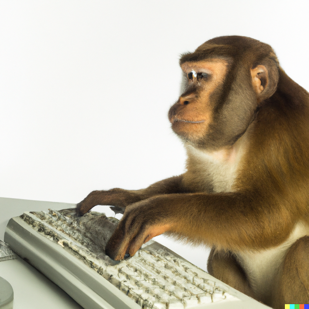 Ein Affe an einer Tastatur. Der Clickmonkey klickt auf alles, was ihm in den Weg kommt.