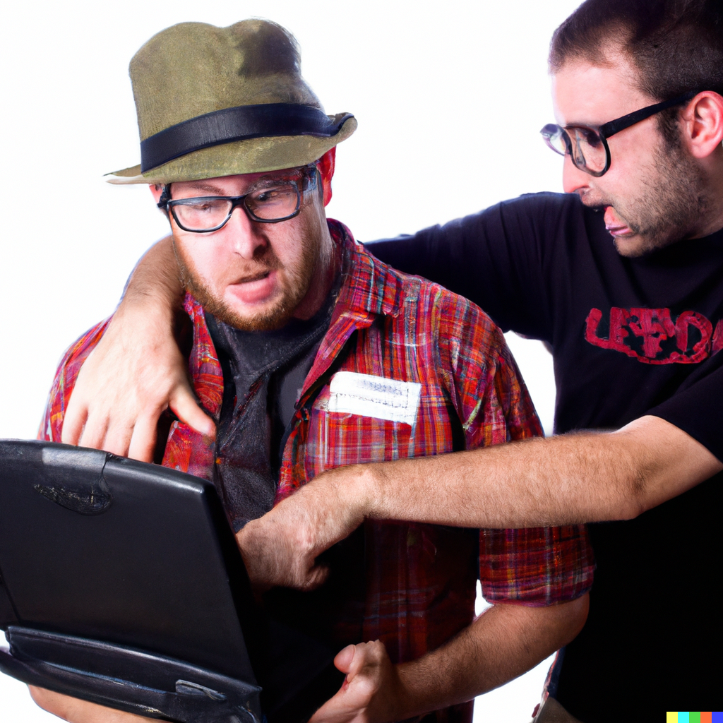 Der Versuch von DALL-E, einen Datenklau am PC darzustellen (einer greift einem Computernutzer über die Schultern in die Tastatur)