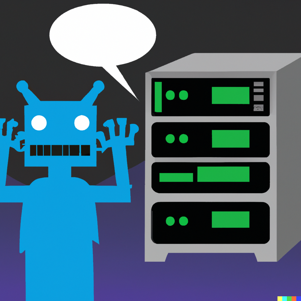 Ein irgendwie entsetzter Roboter neben einem Serverschrank. Offensichtlich ist etwas schreckliches passiert…