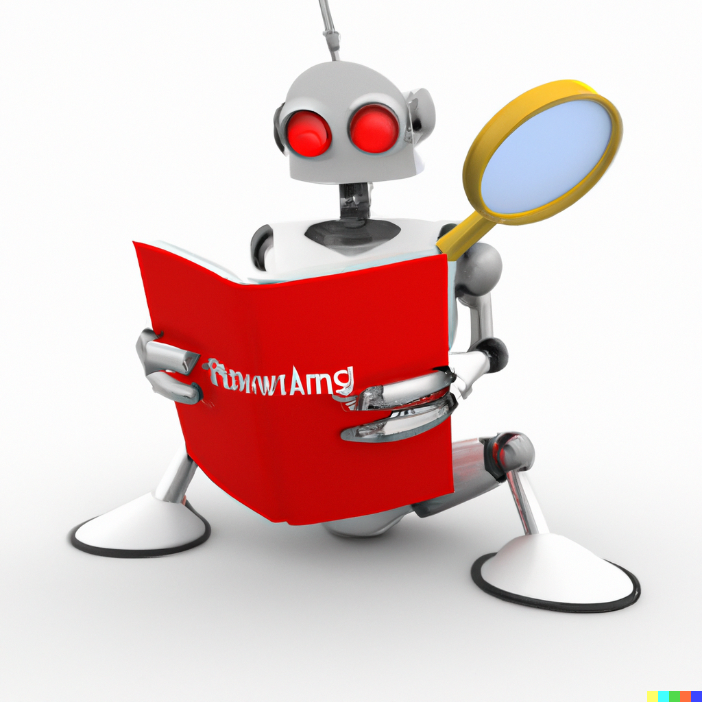 Ein Roboter liest ein Buch. Eigentlich soll es der Webcrawler sein, aber DALL-E hat mich nicht verstanden…